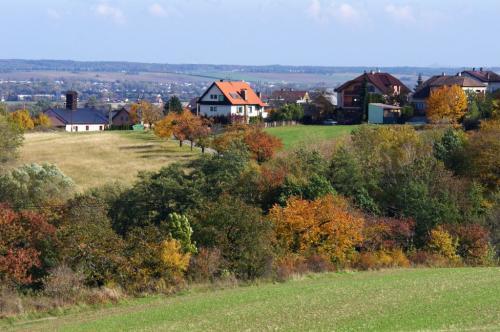 Pohled na&nbsp;obec z&nbsp;kopce nad&nbsp;rybníky